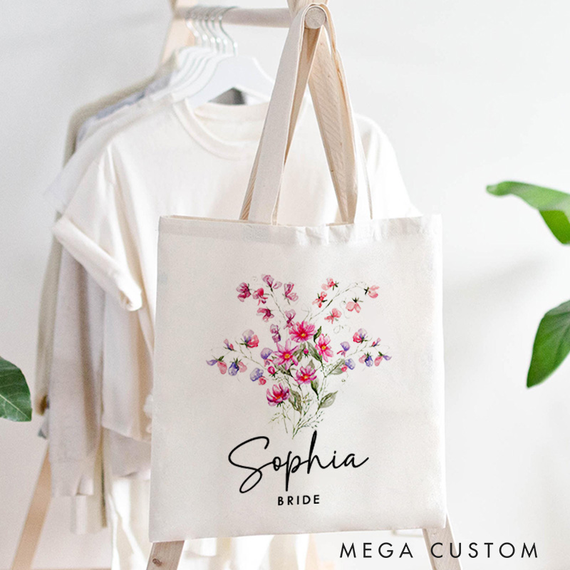 Personalized Bridesmaid Colorful Birth Flower Canvas Tote Bag Bride Month Flower Wedding Beach Bag Maid of Honor Bachelorette Party Bridal Shower Gift