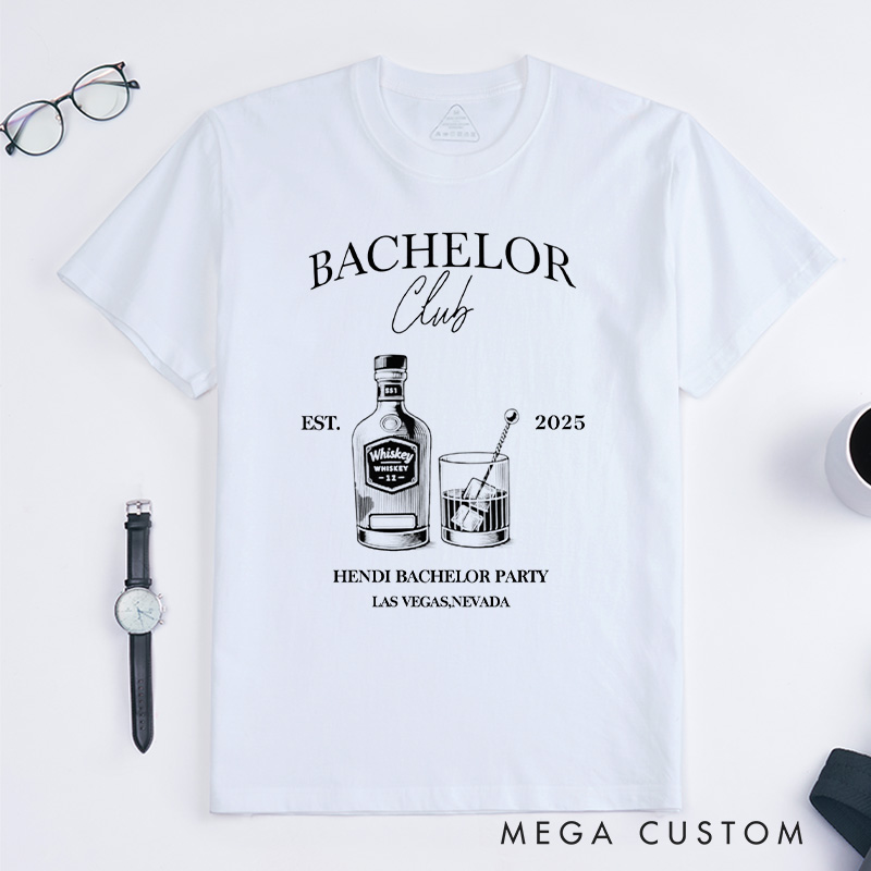 Personalized Groom Bachelor Club T-Shirt Whiskey Bottle & Glass Designed Shirts Groomsman Proposal Gift T-Shirt Wedding Party Favors Top for Best Man