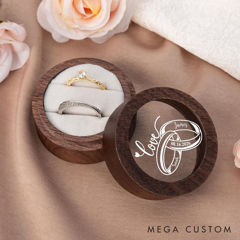 Personalized Couple Wedding Love Rings Wood Ring Box Custom Newlyweds Name Ring Box with Acrylic Cover Engaged Date Ring Holder Husband Wife Gift