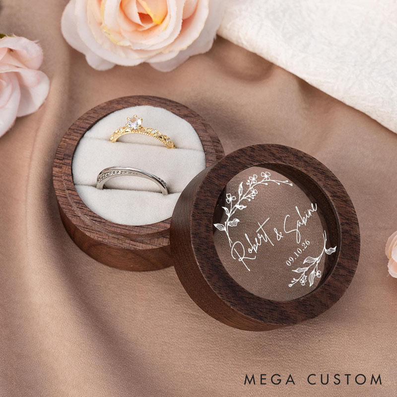 Personalized Couple Wedding Elegant Floral wreath Wood Ring Box Newlyweds Name Ring Box with Acrylic Cover Engaged Date Ring Holder Husband Wife Gift
