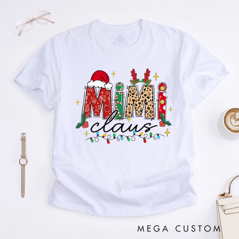 Personalized Christmas Mama Gigi Nana Claus Classic T-Shirt with Santa Hat and Reindeer Antler Decorations