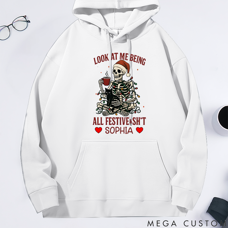 Personalized Classic Hoodie Christmas Skeleton Coffee Black Cat Theme