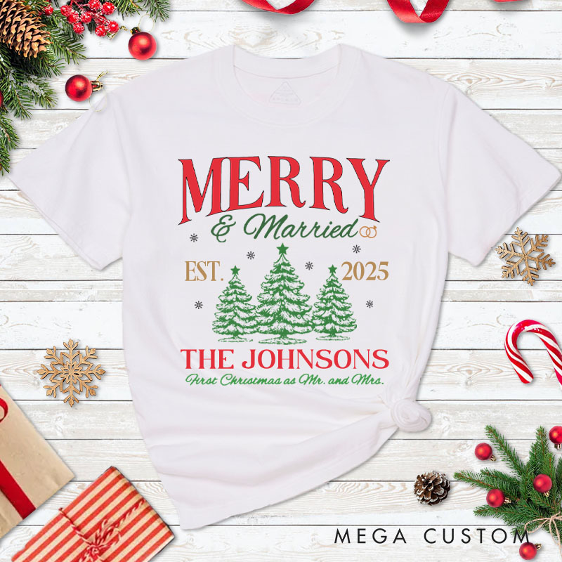 Personalized Joyful Merry and Married the First Christmas as Mr and Mrs Classic T-Shirt