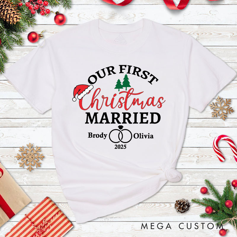 Personalized Couple Our First Christmas Married T-Shirt Custom Newlyweds Wedding Rings Xmas Shirt for Husband Wife Just Married Tee Top Christmas Gift