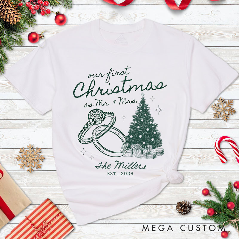 Personalized Couple Our First Christmas as Mr. and Mrs. T-Shirt Custom Newlyweds Wedding Rings Xmas Shirt for Husband Wife Married Tees Christmas Gift