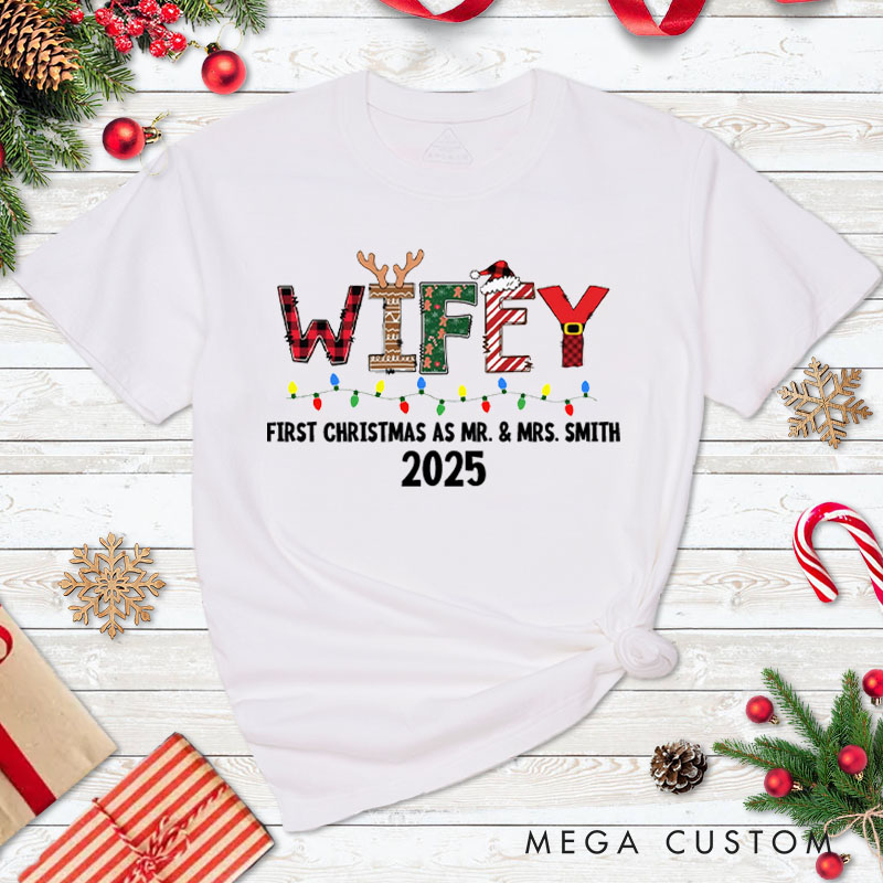 Personalized Couple Wifey and Hubby First Christmas T-Shirt Custom Newlyweds Christmas Light Shirt for Husband Wife Married Tee Tops Christmas Gift