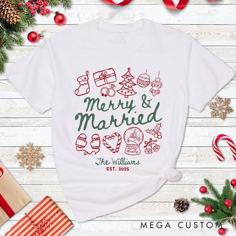 Personalized Couple Festive Merry and Married First Christmas T-Shirt Newlyweds Holly Accents Shirt for Husband Wife Married Tee Tops Christmas Gift