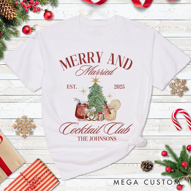 Personalized Couple Festive Merry and Married First Christmas T-Shirt Newlyweds Cocktails Club Shirt for Husband Wife Married Tee Tops Christmas Gift