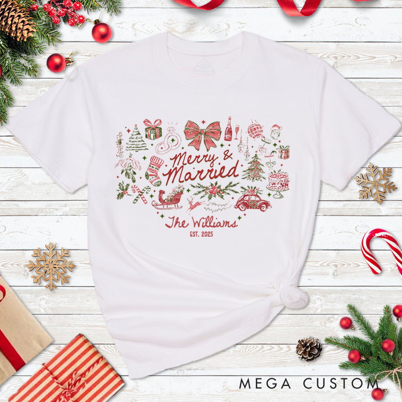 Personalized Couple Merry and Married First Christmas T-Shirt Newlyweds Festive Last Name Shirt for Husband Wife Married Tee Tops Christmas Gift
