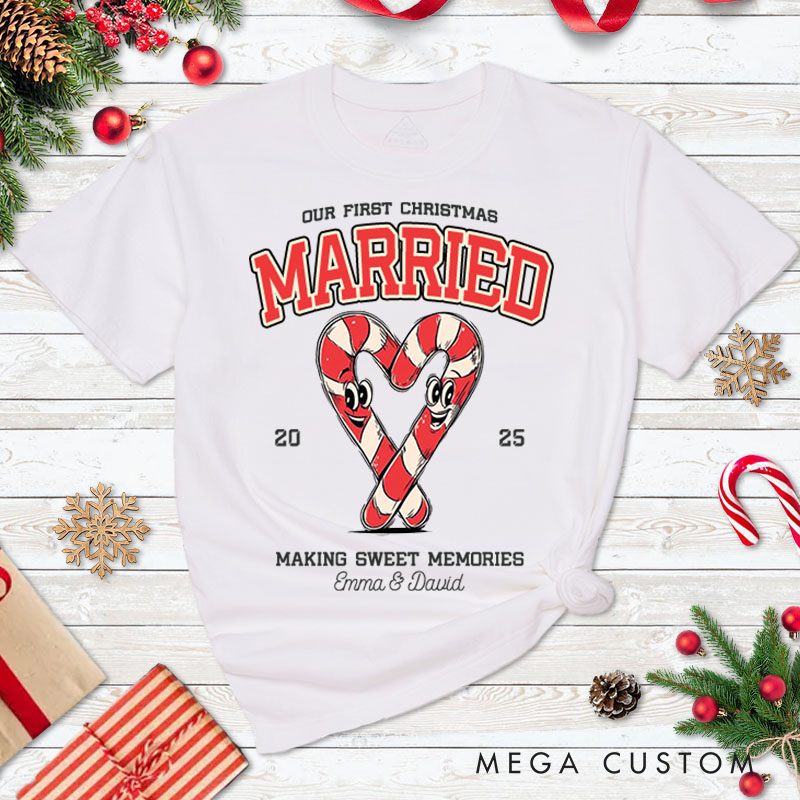 Personalized Couple Our First Christmas T-Shirt Custom Newlyweds Festive Heart Candy Canes Shirt for Husband Wife Married Tee Top BF GF Christmas Gift