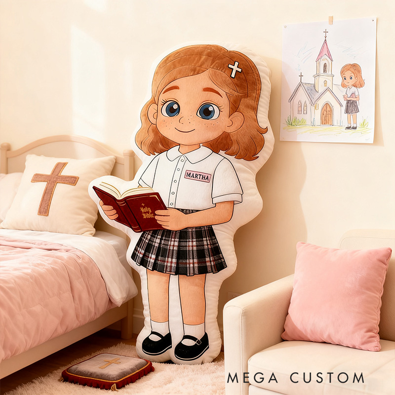 Personalized Cartoon Girl Holding Bible Pillow with Custom Name and Skin Tone Shirt Kids Room Decor Religious Baptisms Gift for Kids Graphic 3D Print