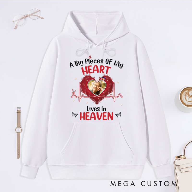 Personalized Memorial Hoodie Custom A Big Piece of My Heart Lives in Heaven Photo Memorial Sweatshirt Sympathy Gift Loss of Loved One 