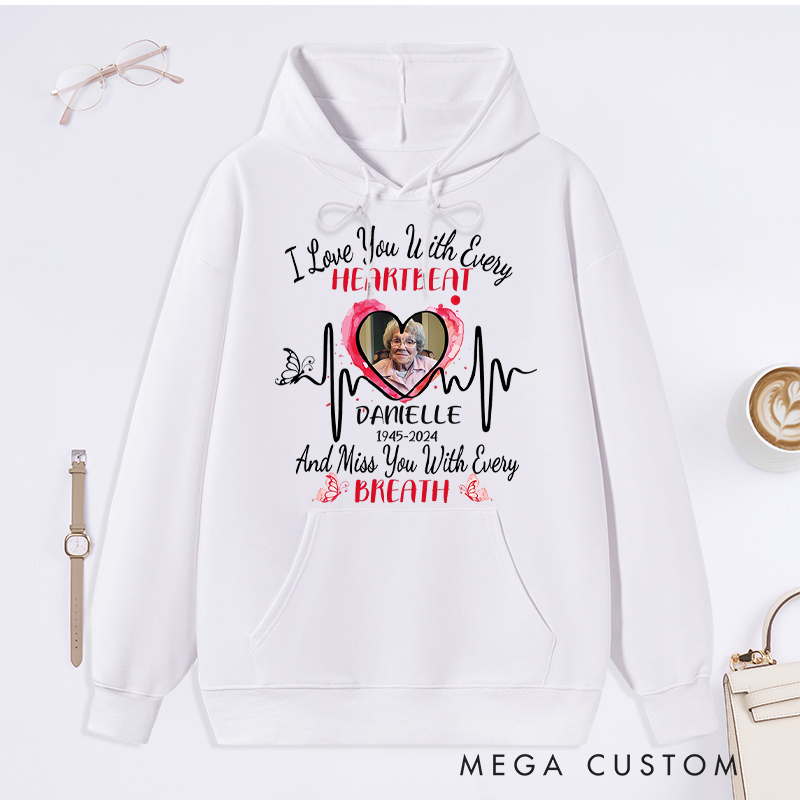 Personalized Photo Memorial Hoodie Big Piece of Heart Lives in Heaven Hoodie Gifts for Loss of Dad Mom RIP Sweatshirt Multi Color 