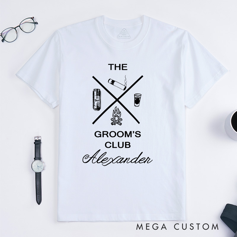 Personalized Rustic Bachelor Party Icon Design Beer Cigars Shots And Campfire Shirt for Groom Crew Wedding Party Favors Shirt for Best Man