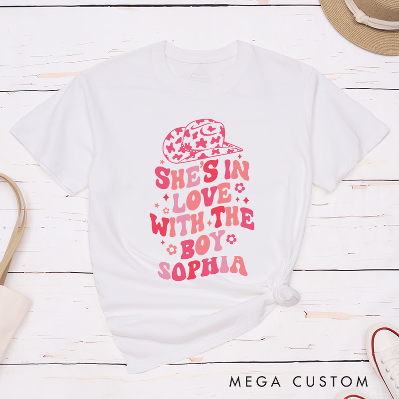 Personalized Country Bride She's in Love with the Boy Matching T-Shirt Bridesmaid Cowgirl Hat T-Shirt Team Bride Wedding Bachelorette Party Gift