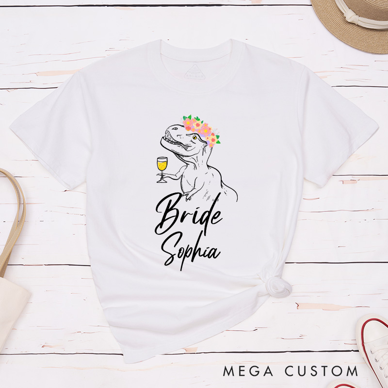 Personalized Bride Floral Crown Dinosaur with Drink Matching T-Shirt Bridesmaid T-Shirt Maid of Honor Wedding Day T-Shirt Bachelorette Party Gift