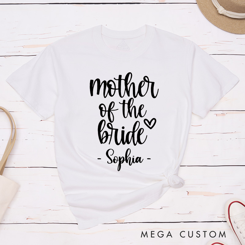 Personalized Mother of the Bride with Heart Matching T-Shirt Mother of the Groom T-Shirt with Name MOB MOG Wedding Day T-Shirt Bachelorette Party Gift