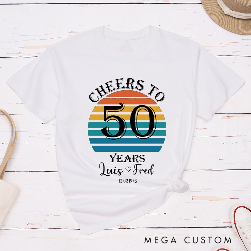 Personalized Couple 50th Anniversary T-Shirt Retro Sunset Anniversary Shirts Cheers to 50 Years T-Shirts for Husband Wife