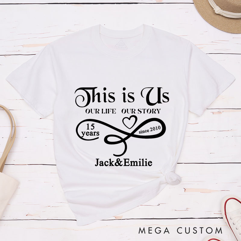 Personalized Couple 15th Anniversary T-Shirt This Is Us - 15 Years of Love and Memories T-Shirts Anniversary Shirt for Husband Wife