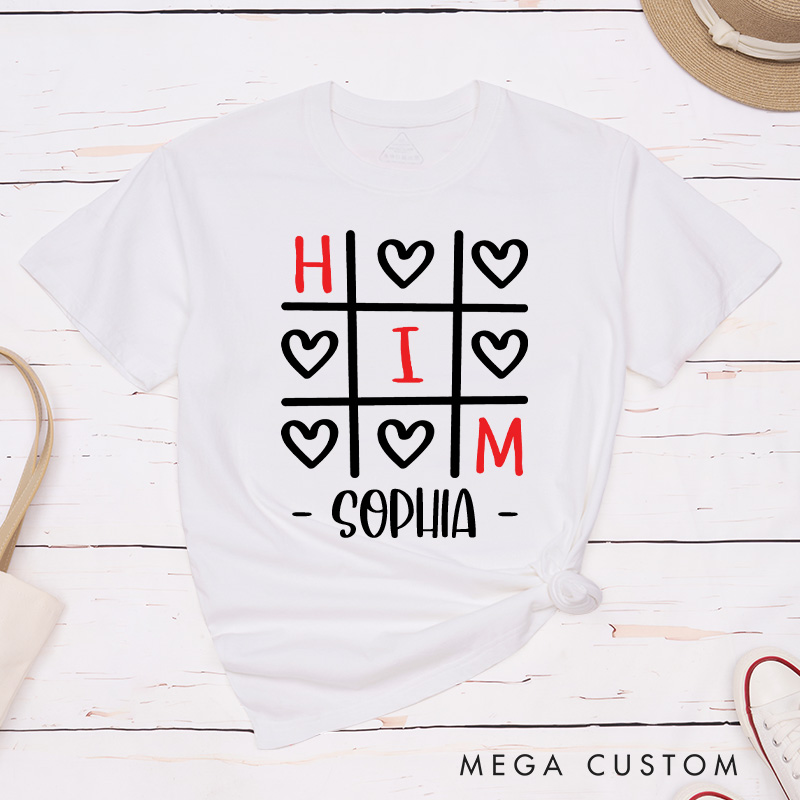 Personalized Couple Tic-Tac-Toe Her and Him Matching T-Shirt Valentine's Day T-Shirt for Husband Wife Boyfriend Girlfriend Gift