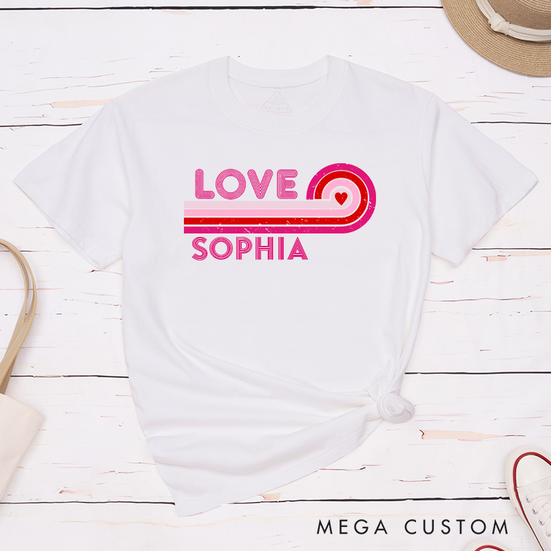 Personalized Retro Couple Pink Love with Heart Matching T-Shirt Valentine's Day Hubby and Wifey T-Shirt for Husband Wife Boyfriend Girlfriend Gift