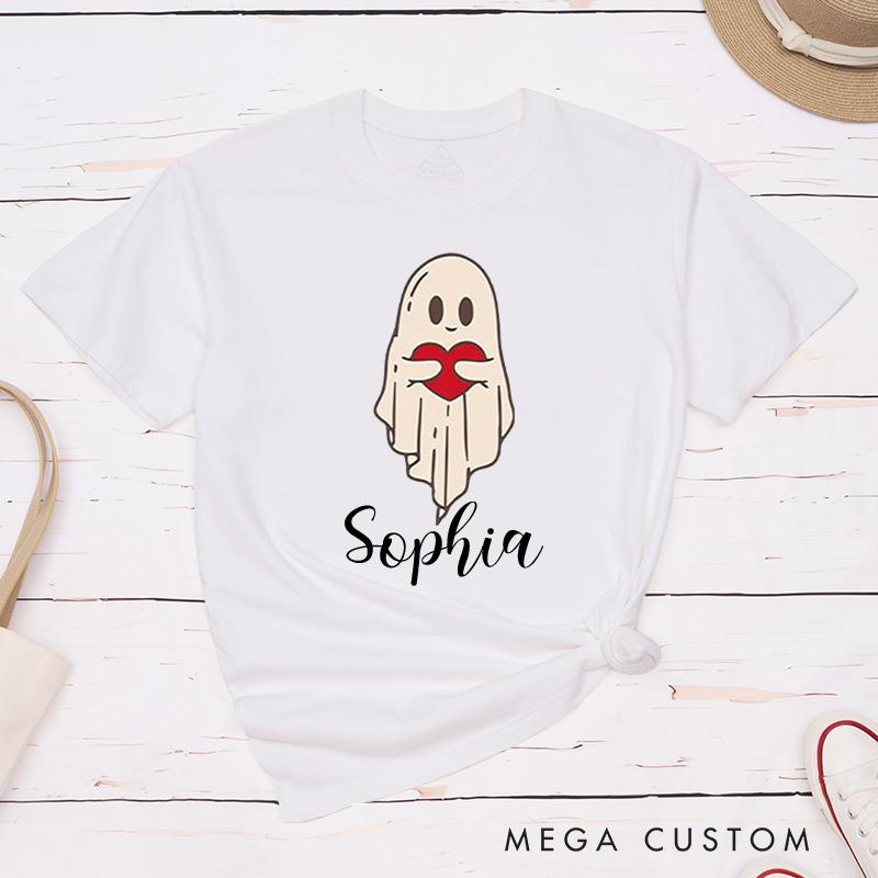 Personalized Couple Ghost Holding Heart Matching T-Shirt Valentine's Day Hubby and Wifey T-Shirt for Husband Wife Boyfriend Girlfriend Gift