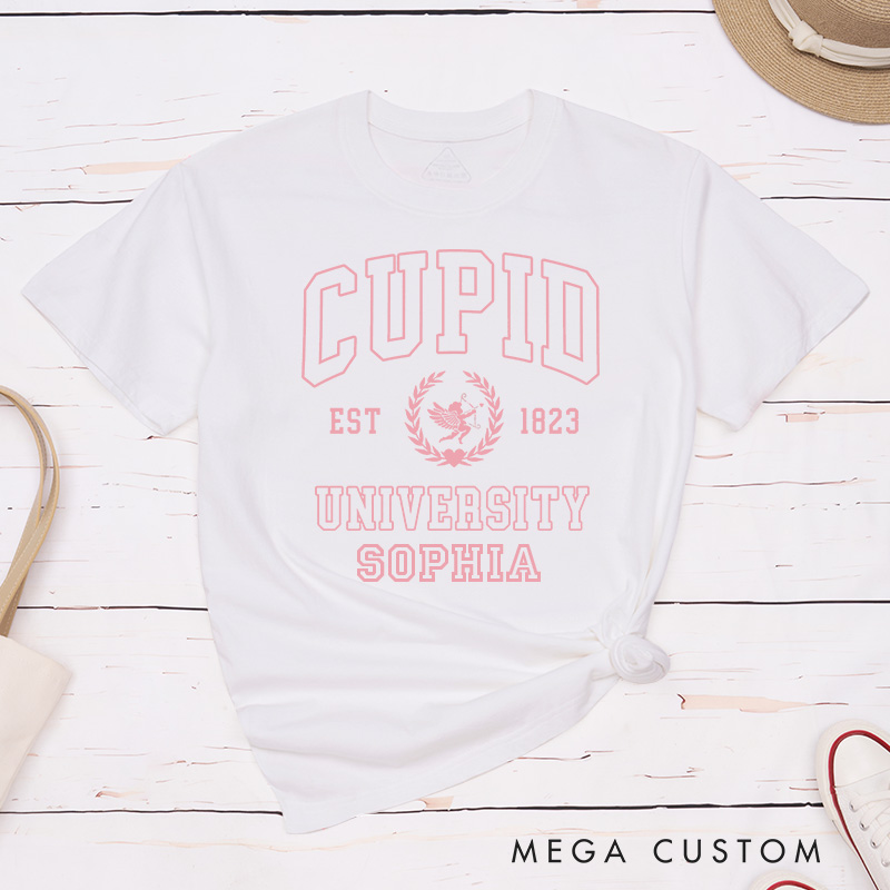Personalized Couple Cupid University Matching T-Shirt Valentine's Day Hubby and Wifey T-Shirt for Husband Wife Boyfriend Girlfriend Gift