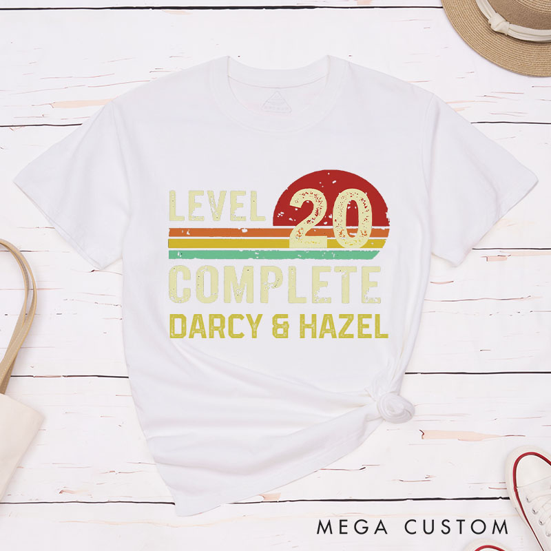 Personalized Couple 20th Anniversary T-Shirt LEVEL 20 COMPLETE Anniversary T-Shirts Sunset Couple Gift Tees for Wife Husband 