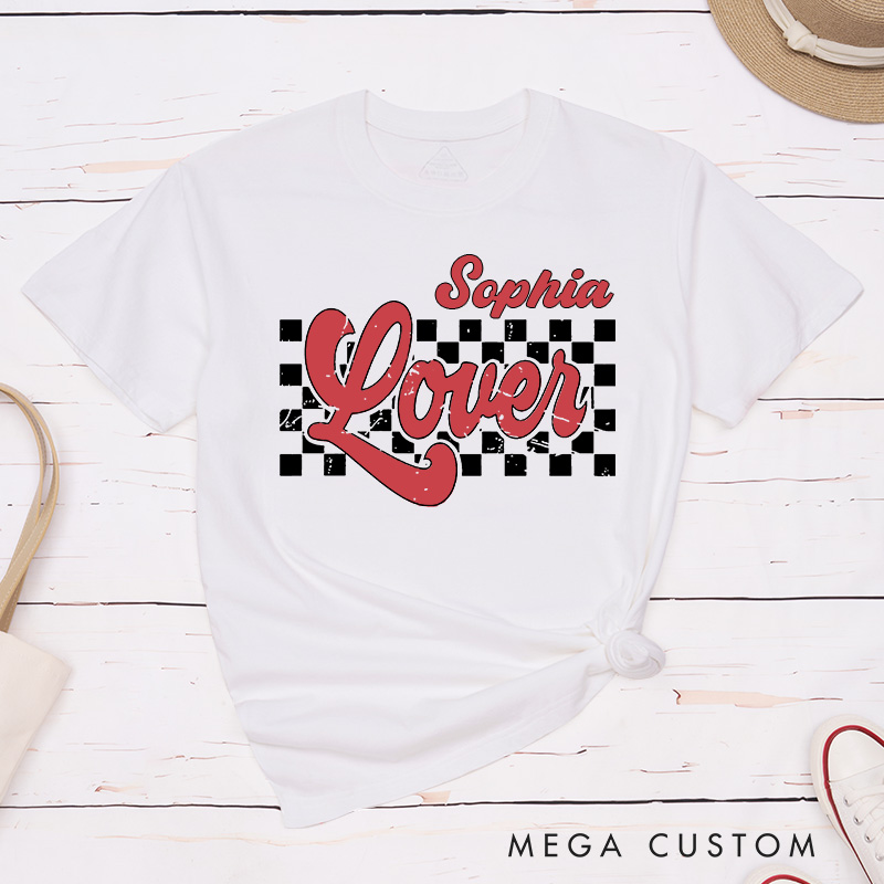 Personalized Retro Couple Lover Checkered Matching T-Shirt Valentine's Day T-Shirt for Husband Wife Boyfriend Girlfriend Gift for Hubby and Wifey