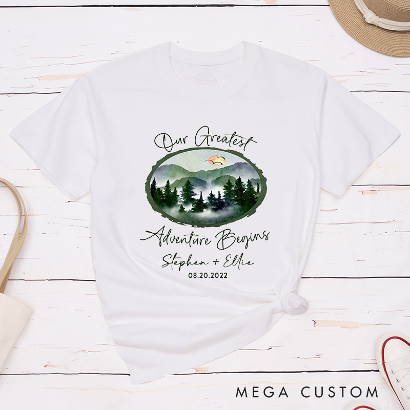 Personalized Watercolor Mountain Serence Our Greatest Adventure Begins Matching Honeymoon Couple Classic T-Shirt