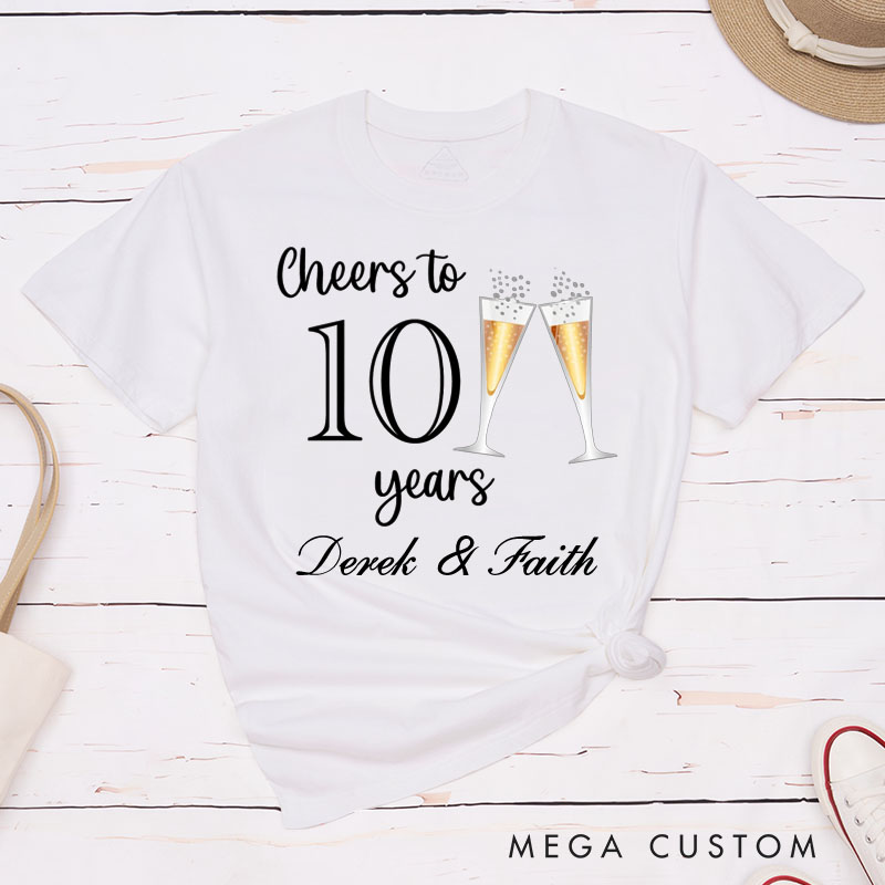 Personalized Couple 10th Anniversary T-Shirt Cheers to 10 Years T-Shirt Anniversary Gift Champagne Tees for Wife Husband Couple Gift
