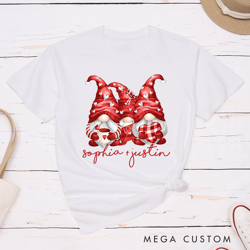 Personalized Couple Red Gnome with Heart Matching T-Shirt Valentine's Day T-Shirt for Husband Wife Boyfriend Girlfriend Gift for Hubby Wifey