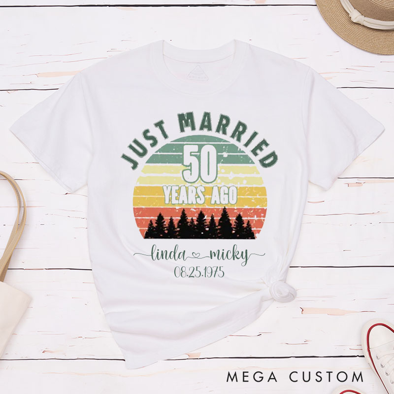 Personalized Couple 50th Anniversary T-Shirt Just Married 50 Years Ago T-Shirt Anniversary Golden Wedding Sunset Tees for Wife Husband