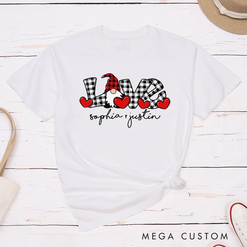 Personalized Couple Plaid Love Gnome with Red Heart Matching T-Shirt Valentine's Day T-Shirt for Husband Wife Boyfriend Girlfriend Gift