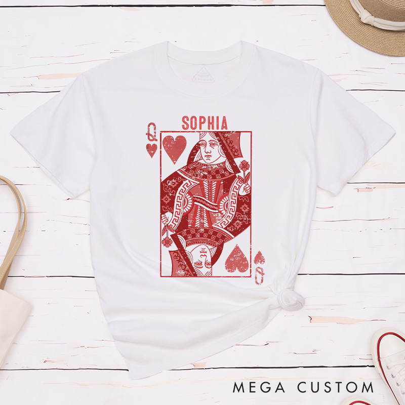Personalized Couple Playing Cards King Queen of Hearts Matching T-Shirt Valentine's Day T-Shirt for Husband Wife Boyfriend Girlfriend Gift