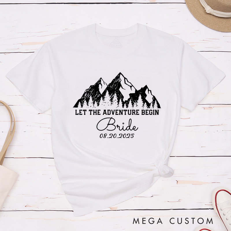 Personalized Rustic Line Mountains Let The Adventure Begin Bride and Groom Matching Wedding Couple Classic T-Shirt