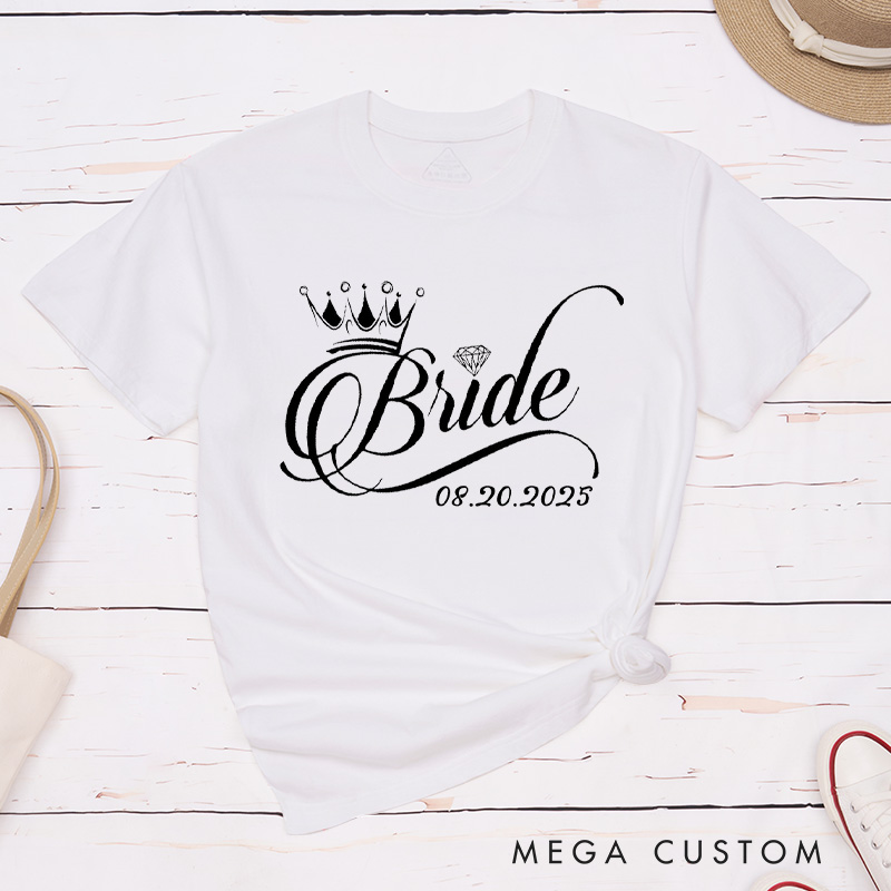 Personalized Regal Bride and Groom with Crowns and Date Matching Wedding Couple Classic T-Shirt
