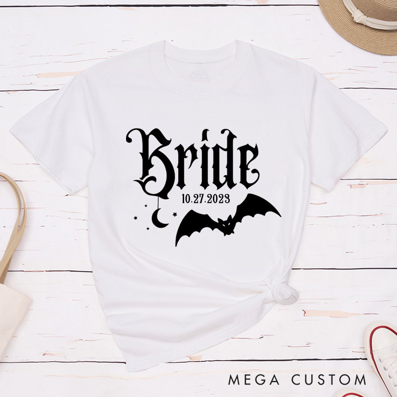Personalized Holloween-Inspired Gothic Bride and Groom with Bat and Moon Matching Wedding Couple Classic T-Shirt