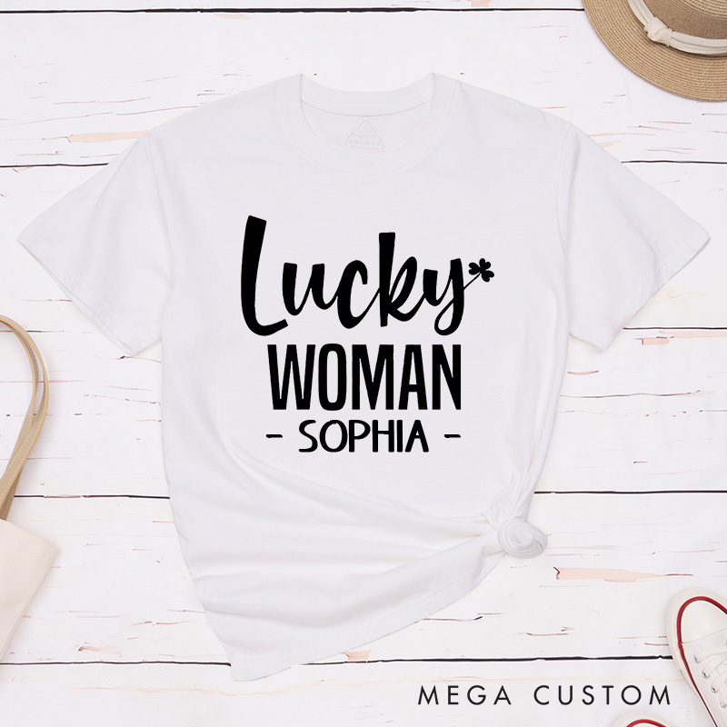 Personalized Couple Lucky Man Lucky Woman with Shamrock Matching T-Shirt Valentine's Day T-Shirt for Husband Wife Boyfriend Girlfriend Gift