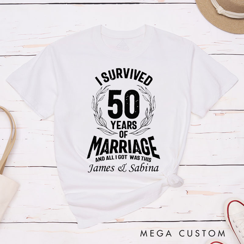 Personalized Couple 50th Anniversary T-Shirt I Survived 50 Years of Marriage Anniversary Humorous Golden Shirt Couple Gift Tee