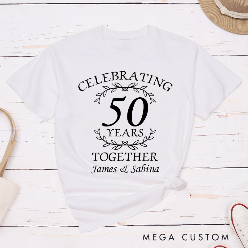 Personalized Couple 50th Anniversary T-Shirt Celebrating 50 Years Together Elegant Golden Anniversary Humorous Golden Shirt Couple Gift Tee