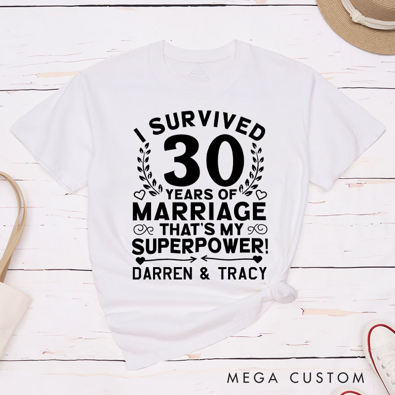 Personalized Couple 30th Anniversary T-Shirt I Survived 30 Years of Marriage That's My Superpower Shirt for Couples Wife Husband Gift Tees