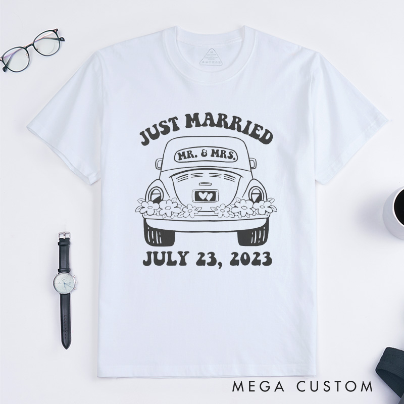Personalized "Just Married" T-Shirt Couple Wedding Date Anniversary Gift Shirt Wife Husband Tops for Anniversary Gift for Her Him