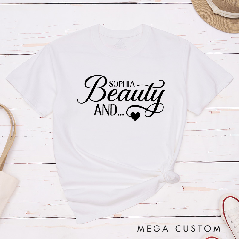 Personalized Couple The Beard and Beauty Matching T-Shirt with Name Valentine's Day T-Shirt for Husband Wife Boyfriend Girlfriend Gift