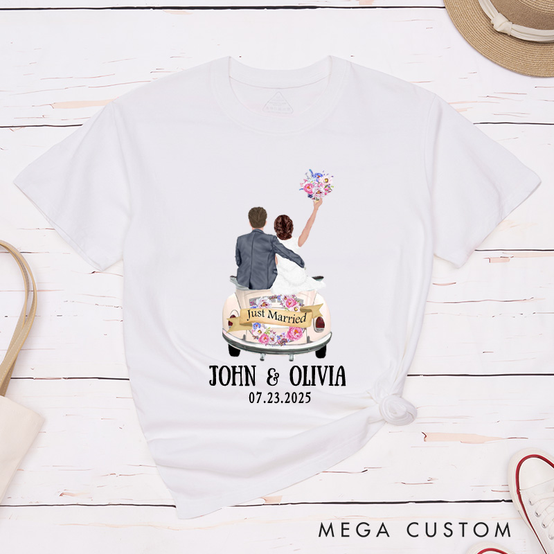Personalized Romantic Just Married Getaway Car Wedding Couple Classic T-Shirt