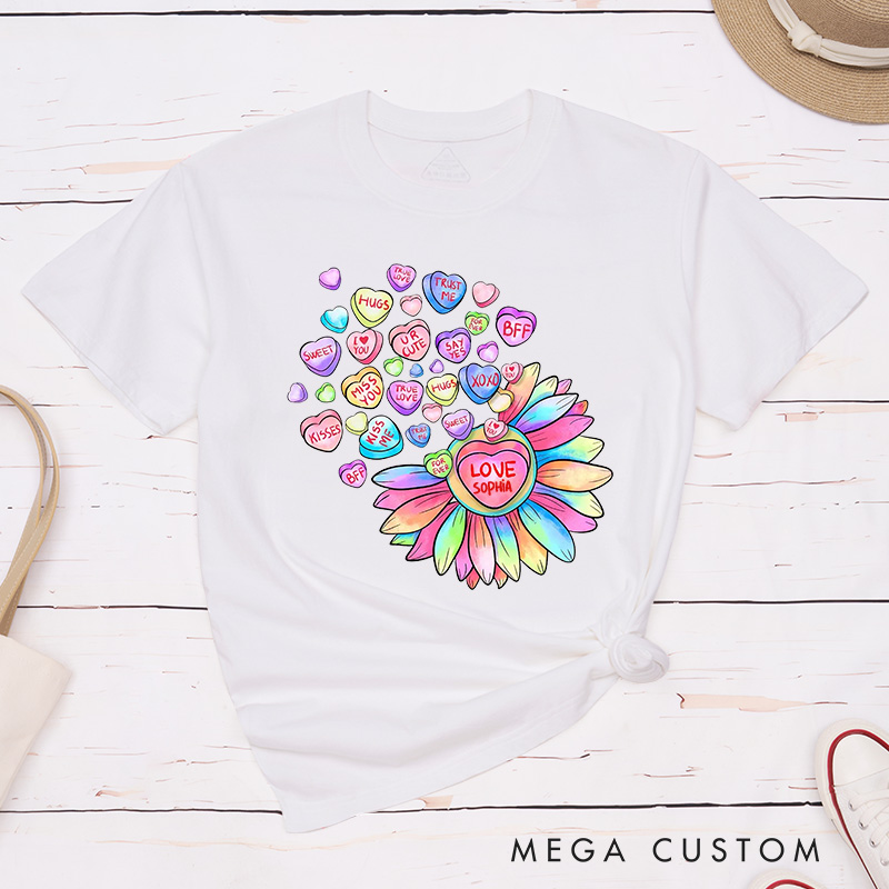 Personalized Couple Colorful Flower and Candy Matching T-Shirt Valentine's Day T-Shirt for Husband Wife Boyfriend Girlfriend Gift for Hubby Wifey