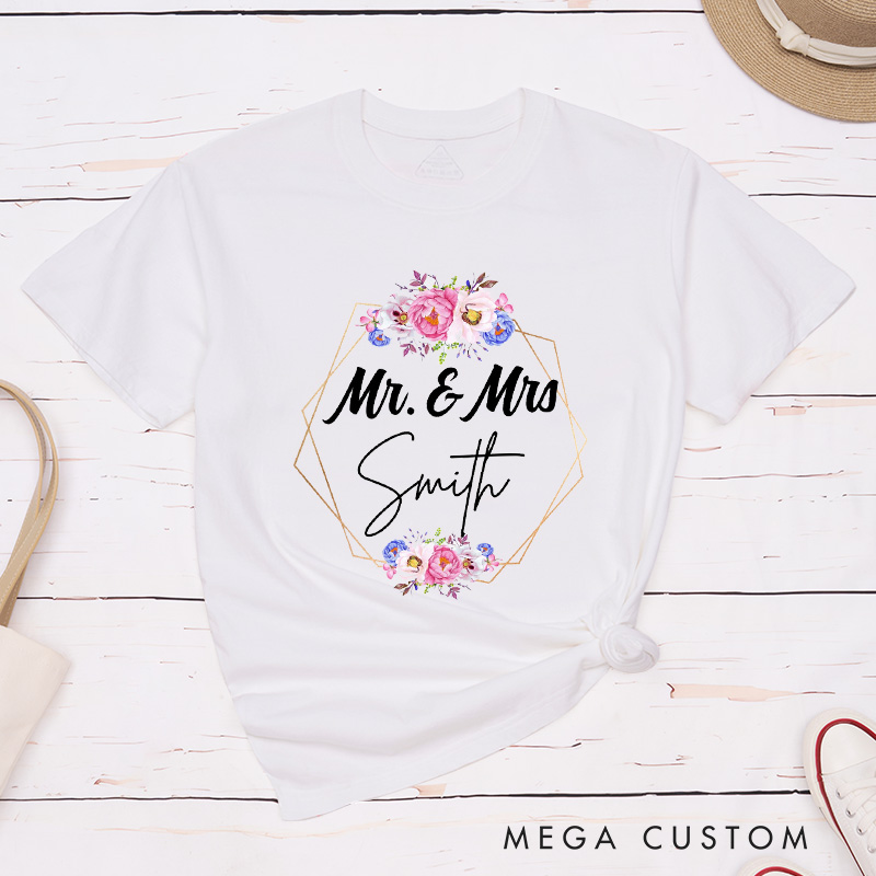 Personalized Geometric Frame with Watercolor Floral Mr and Mrs Wedding Couple Classic T-Shirt