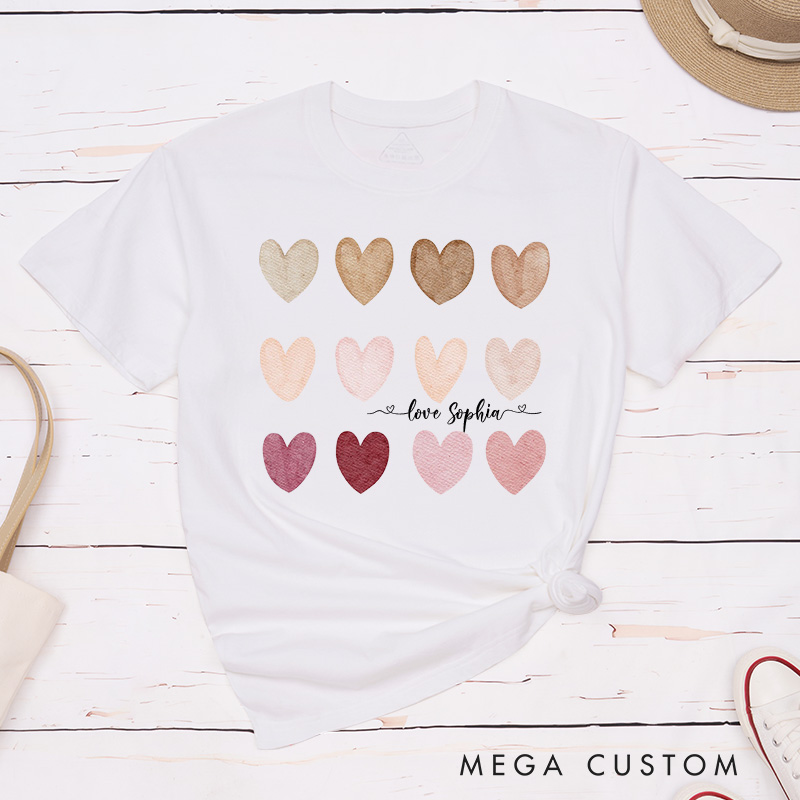 Personalized Couple Watercolor Heart Matching T-Shirt with Name Valentine's Day T-Shirt for Husband Wife Boyfriend Girlfriend Gift for Hubby Wifey