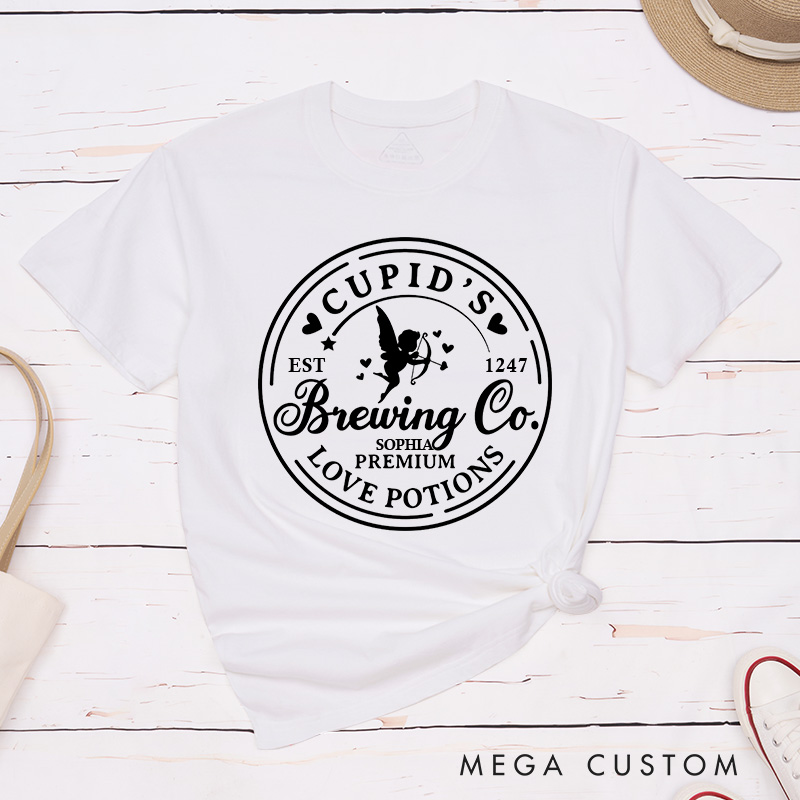Personalized Couple Cupid’s Brewing Co. Love Potions Matching T-Shirt with Name Valentine's Day T-Shirt for Husband Wife Boyfriend Girlfriend Gift