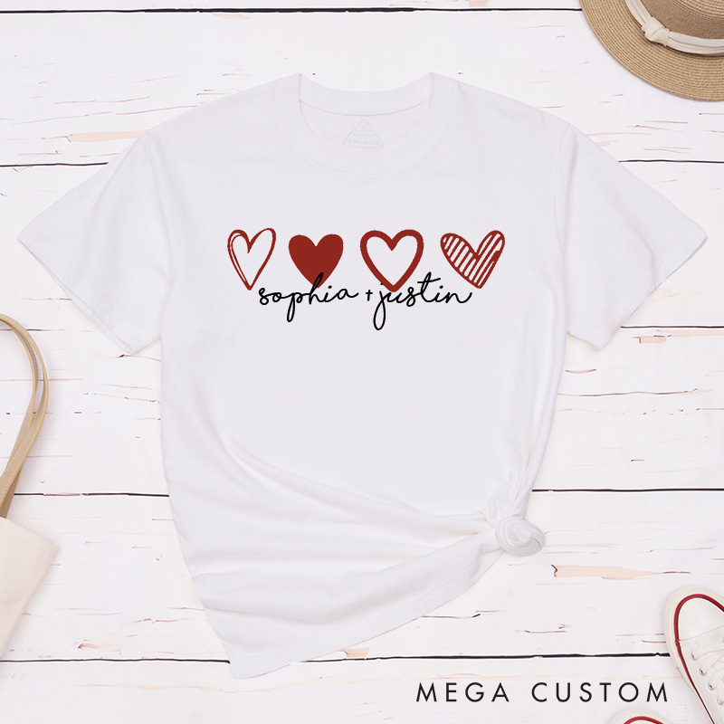 Personalized Couple Romantic 4 Hearts Matching T-Shirt with Name Valentine's Day T-Shirt for Husband Wife Boyfriend Girlfriend Gift for Hubby Wifey